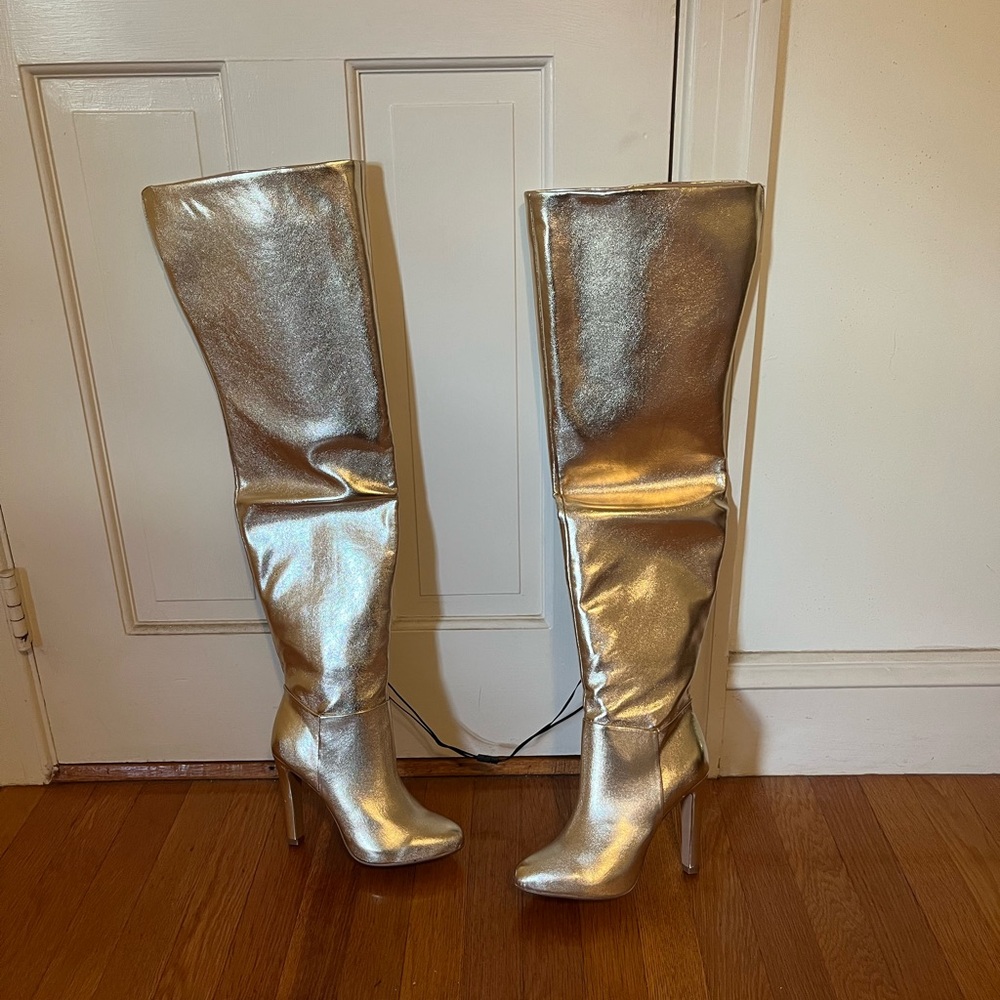 NWT Brian Atwood X Express Metallic Over The Knee Heeled Boots Sz 6.5 Read